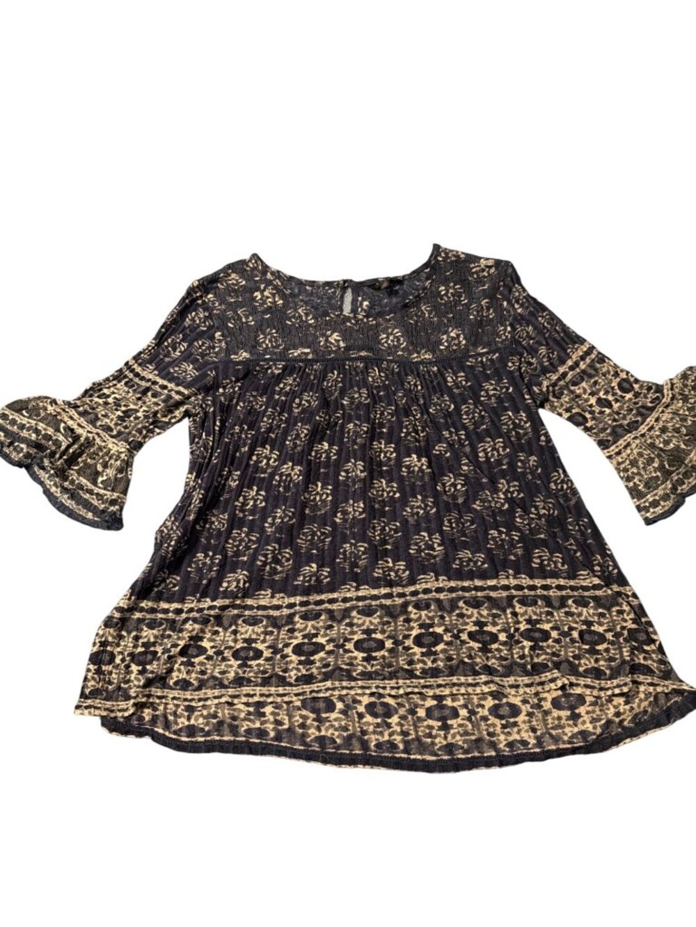 Lucky Brand Navy Cream Boho Shirt Blouse Top Bell Sleeves Floral Keyhole Sz L